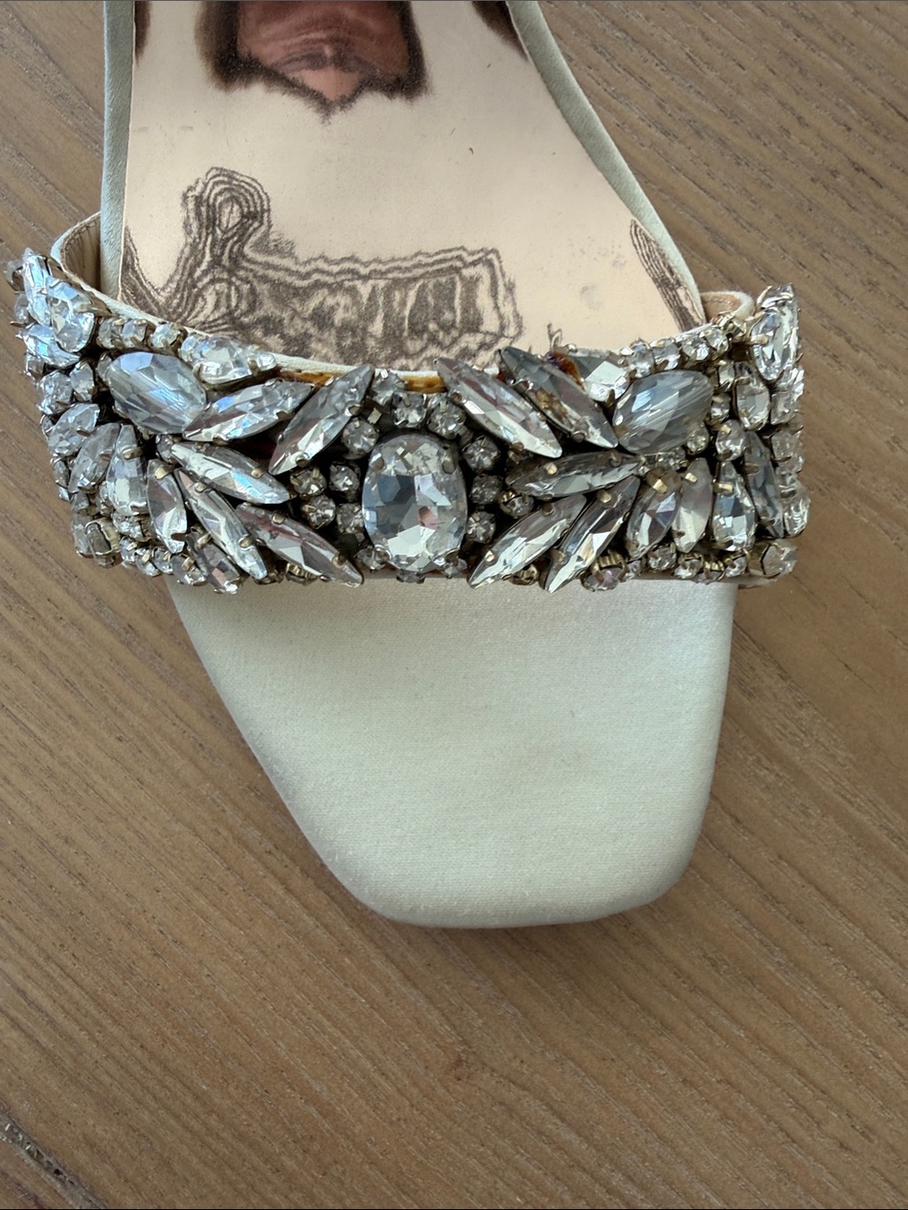 Badgley Mischka Champagne Satin Crystal-Embellished Ankle-Strap Heels - Picture 4 of 6